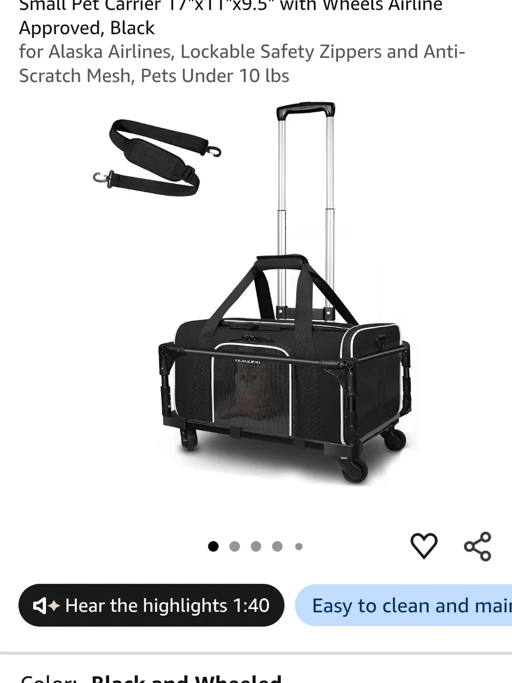 Wheeled Pet Carrier Tote Bag - Black